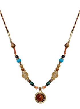 新中式复古圆珠虎眼石吊坠项链