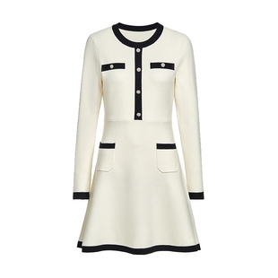 FIVE PLUS小香风针织连衣裙女法式长袖修身A摆裙子女