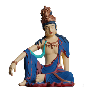 香樟木水月自在观音佛像彩绘工艺品摆件客厅家居供奉观世音菩萨像