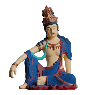 香樟木水月自在观音佛像彩绘工艺品摆件客厅家居供奉观世音菩萨像