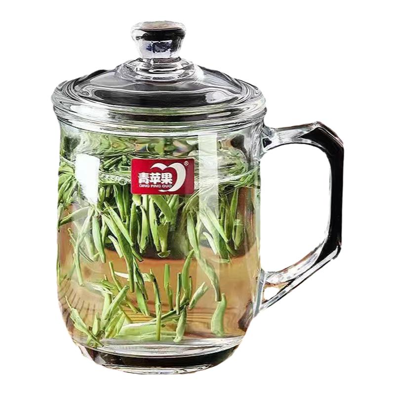青蘋果玻璃杯耐熱杯子水杯泡茶杯帶蓋子辦公室茶杯茶飲杯透明水杯