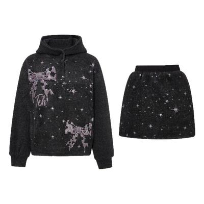 TCH蝴蝶结烫钻连帽加绒卫衣短裙时尚套装女25冬季新款T75D07E1091