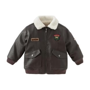 戴维贝拉儿童加绒外套男童冬装夹克皮衣2025新款宝宝飞行员上衣