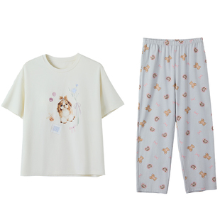红豆【小海风】带胸垫睡衣女短袖长裤可外穿宽松夏季凉感棉家居服