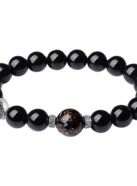 天然黑曜石手串纯银转运珠手链男