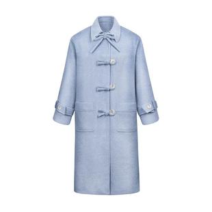 礼拜天约会“恋爱题序”冬季水蓝色磨毛蝴蝶结中长款高级毛呢大衣
