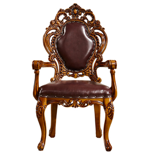 欧式茶台椅 美式实木雕花真皮主人椅子泡茶喝茶椅凳靠背休闲围椅