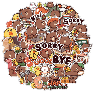 50张棕色布朗熊汉堡小熊工作熊卡通涂鸦贴纸装饰笔记本头盔手账书桌保温杯吉他电动车行李箱冰箱DIY防水贴纸