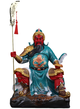 戴玉堂陶瓷《坐岩持书关公绿衣彩》家用供奉神像摆件装饰品武财神
