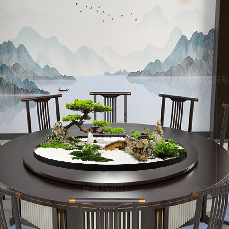 酒店中式餐桌大圆桌中间转盘摆花客厅仿真假花摆件微景观松树造景