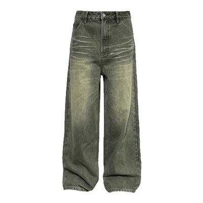 JCAESAR DENIMS烟灰绿牛仔裤 自然猫须做旧 手工擦色13OZ直筒长裤