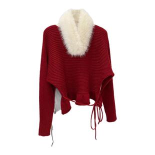 新年红色绑带荷叶边毛衣女外套春季秋冬氛围感穿搭收腰毛领针织衫