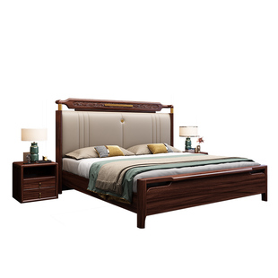 乌金木全实木床1.8米双人床新中式高箱储物床主卧室靠背软包婚床