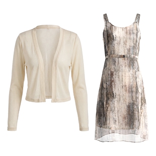 马天奴2026春夏新款杏色针织开衫印花连衣裙子两件套装气质时尚女