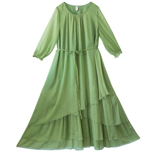 【青萝绿绮】文艺七分袖连衣裙女春季2025年新款纯色圆领宽松长裙