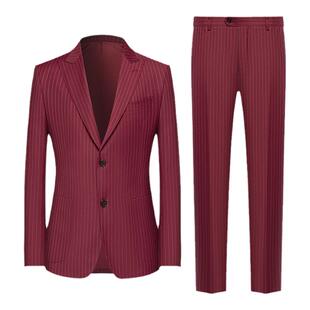 本派西服套装男新款男士红色条纹西装新郎结婚西服戗驳领羊毛西装