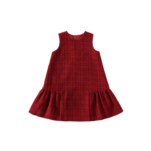 淘町新年连衣裙女童秋冬季2025新款千金风红色粗毛呢小香风无袖裙