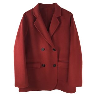 红色双面羊绒大衣女短款冬季新款高端通勤毛呢西装外套女