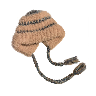 条纹毛绒针织帽女冬季韩版百搭显脸小毛线帽保暖防寒护耳雷锋帽子