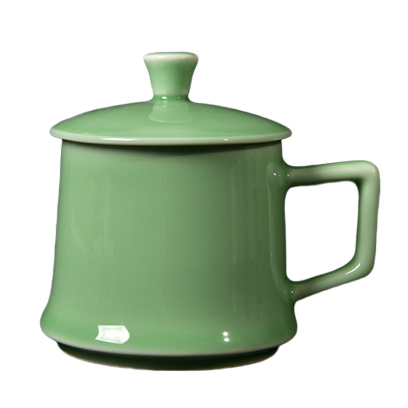 微瑕龙泉陶瓷带盖水杯家用大号简茶杯