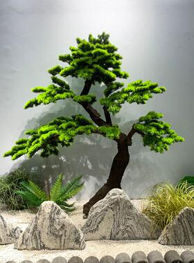 仿真松树迎客松摆件雪浪石新中式玄关造景装饰罗汉松盆景假树