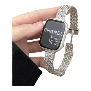 适用AppleWatchS10麦穗磁吸卡扣表带苹果手表S11不锈钢表带iwatch9新款金属8/7高级感小蛮腰细款SE代女款夏日