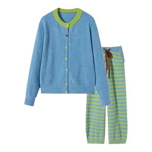 韩版高级条纹半边绒睡衣女秋冬季新款加厚毛绒针织家居服套装外穿