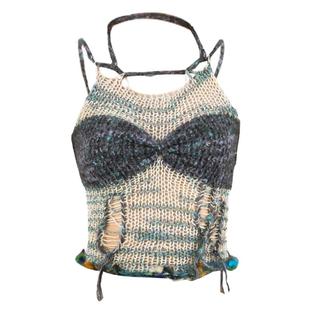 JUEJUEWORKS浅灰破洞背心原创高弹力纯手工毛线针织不对称上衣