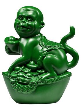 绿色木雕猴子摆件三合装饰工艺品