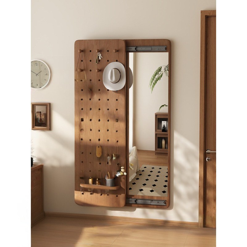 实木洞洞板穿衣镜隐藏式造型一体玄关家用镜子镜卧室全身墙镜试衣