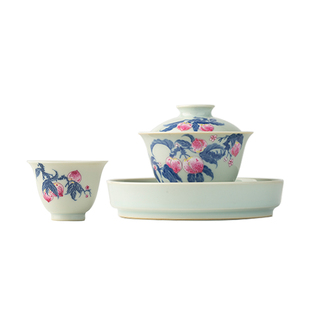 三勤堂青花粉彩功夫茶具高档盖碗泡茶杯景德镇陶瓷家用福禄寿套组