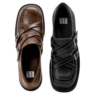 对面乐福鞋英伦风孟克鞋厚底增高小个子黑色小皮鞋春季单鞋duiman