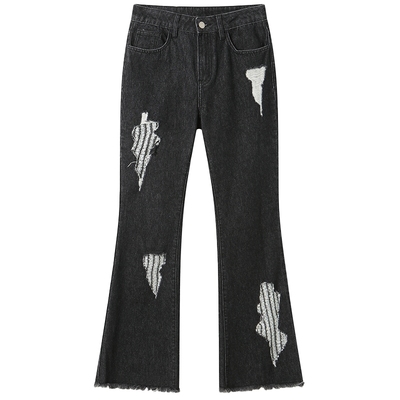 ANDREA MARTIN秋冬新款黑色破洞牛仔裤修身喇叭裤