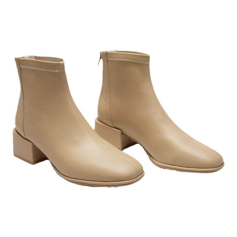 【王小毒】Z时代●真皮及裸袜靴短靴女粗高跟新款方头加绒瘦瘦靴