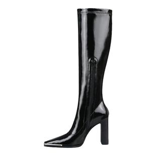 2025秋冬新款肯豆同款靴子女高跟漆皮长筒靴方头不过膝显瘦骑士靴