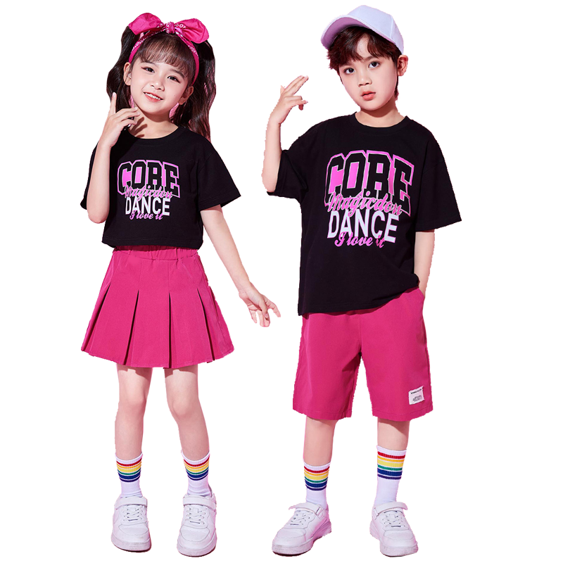 六一儿童演出服黑玫红短袖小学生运动会幼儿园园服啦啦队表演套装