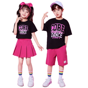 六一儿童演出服黑玫红短袖小学生运动会幼儿园园服啦啦队表演套装
