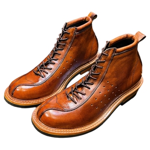 美式复古英伦风真皮中帮工装马丁机车短靴高帮骑行皮靴男鞋伞兵靴
