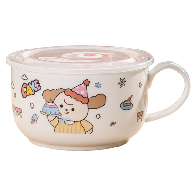 卡通陶瓷泡面碗带盖微波炉专用碗