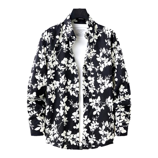 秋季小碎花印花衬衣男长袖休闲潮牌纯棉花纹衬衫痞帅黑白外套上衣