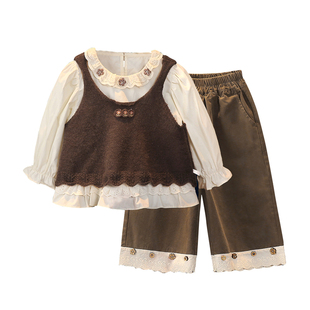 女童春套装2026新款女孩洋气好看衬衫宝宝纯棉儿童针织马甲三件套