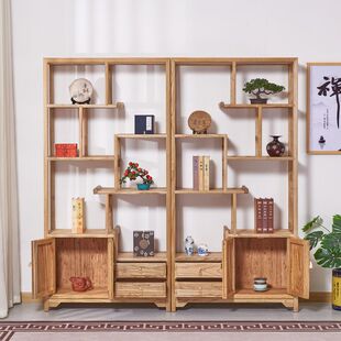 榆木茶叶展示柜博古架紫砂壶架展示架隔断多宝阁博古架 新中式
