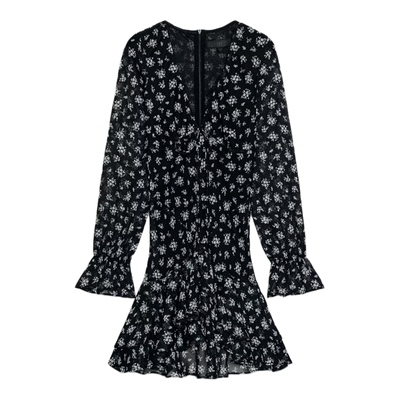 喇叭袖印花叠层装饰连衣裙