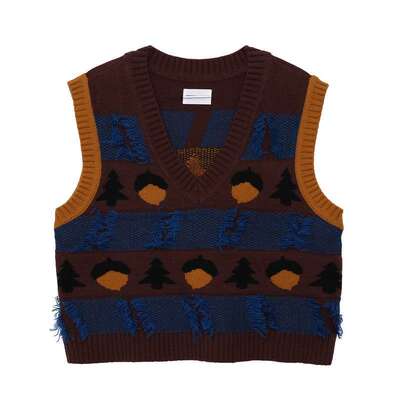 MOVEUP幻走2025秋季新款FUN系列V领间条纹提花复古短款毛衣马甲女