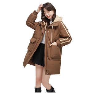 鸭鸭羽绒服女款冬季假两件中长款官方2023年新款连帽卫衣外套潮XH