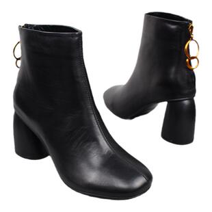 新秋冬新款胎小牛皮时尚舒适时装靴大圆头粗跟真皮高跟鞋裸短靴女