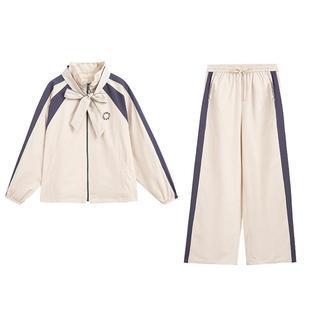 紫涵立领蝴蝶结拉链外套直筒裤子通勤休闲运动两件套装女秋季新款