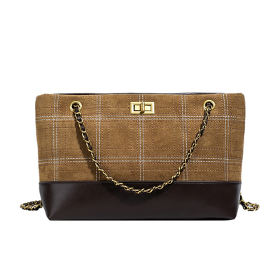 高级感撞色格纹托特包女链条单肩包通勤包轻奢休闲女包包文艺腋下