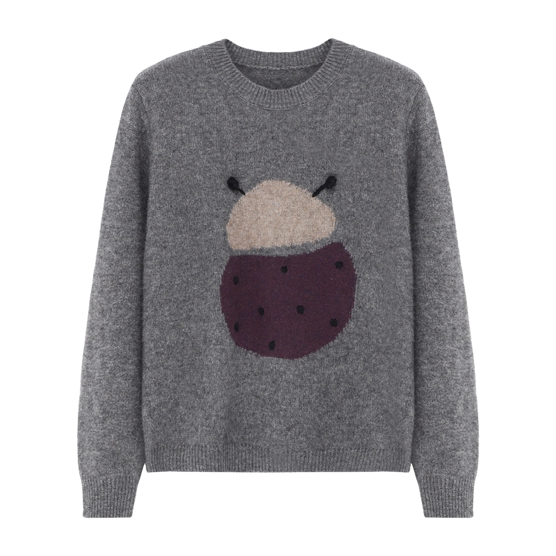 Basic House/百家好灰色卡通提花宽松毛衣冬季绵羊毛圆领正肩上衣