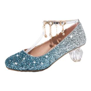 女童高跟鞋小女孩爱莎水晶鞋走秀表演出单鞋配礼服鞋子儿童公主鞋